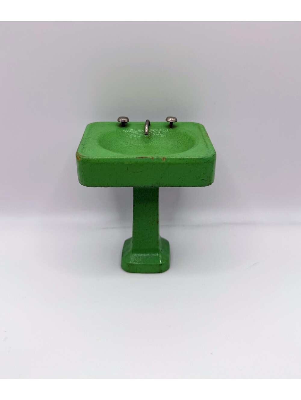 1:12 Scale Green Wooden Dollhouse Pedestal Sink Miniature Bathroom, Vintage